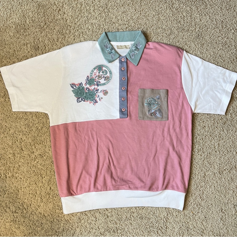 Vintage Season Ticket Women's L Shoulder Pads Shirt Collared Floral Block Pastel